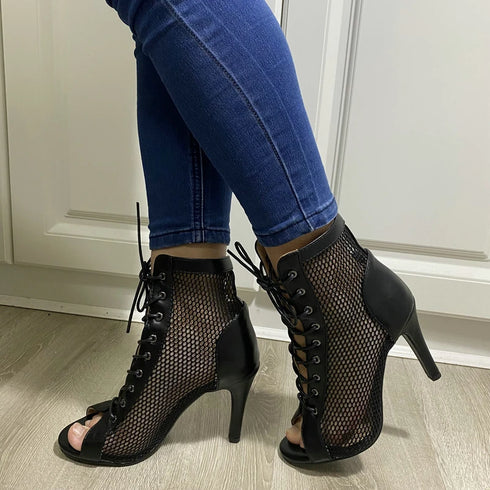 Sexy High Heels Hollow Mesh Sandals for Summer Fashion Comfort Peep Toe Stilettos Jazz Dance Female Shoes Plus Size