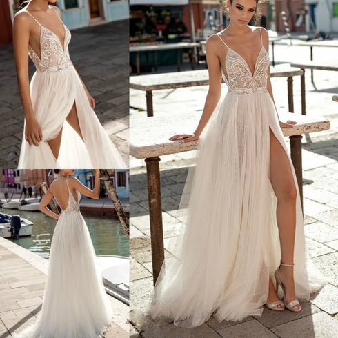 Customized Beach Tulle Wedding Dresses Boho Side Split A-Line
