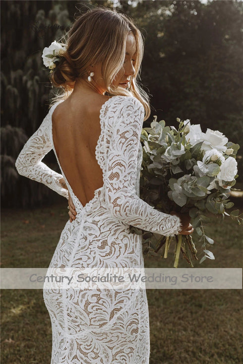 Backless Mermaid Wedding Dresses Boho Long Sleeve Lace Bridal Gown
