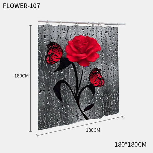 Red Rose and Butterfly Bathroom Mat and Shower Curtain Set Waterproof Eco-Friendly Design