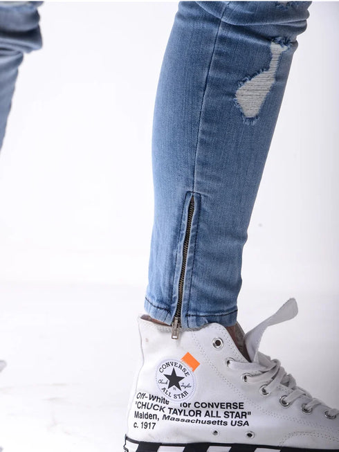 Men's Skinny Denim Biker Jeans with Ripped Pencil Design and Side Stripes - Trendy Hip-Hop Slim Trousers for Stylish Outfits