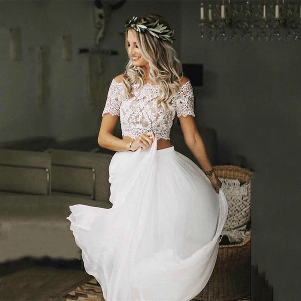 Charming Customized Boho Wedding Gowns Lace Two Pieces Top Bateau Neckline Beach Bride Dresses