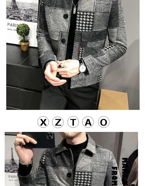 Men's Casual Lapel Hoodless Jacket - Slim Fit Plaid Woolen Coat for Autumn and Winter Fashion