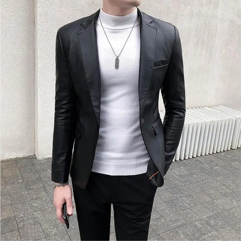 Stylish Slim Fit PU Leather Blazer Jackets for Men - Casual Business Suit Coats in 4XL Size for Autumn and Winter Wear