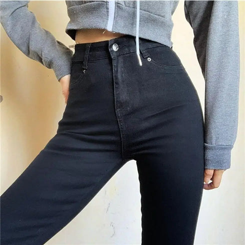 Casual Vintage High Elastic Mom Jeans for Women - Stylish Washed Stretch Denim Pencil Pants, Perfect for Fall Outfits with Jeans and Everyday Wear