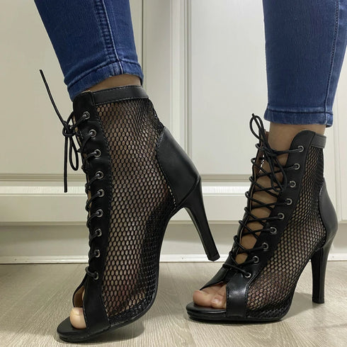 Sexy High Heels Hollow Mesh Sandals for Summer Fashion Comfort Peep Toe Stilettos Jazz Dance Female Shoes Plus Size