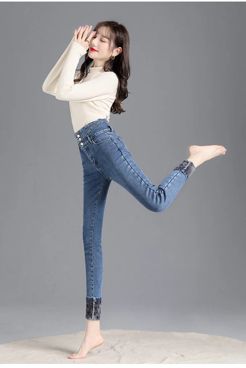 Warm High-Waist Fleece-Lined Skinny Jeans for Women - Perfect for Casual Fall Outfits and Stylish Pencil Pants Looks