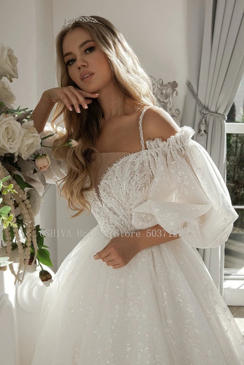 Princess Applique Lace Wedding Dresses Puff Sleeve Ball Gown