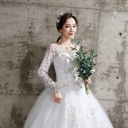 Summer Korean Light Wedding Dress Off White Bride Long Sleeve Lace Appliques