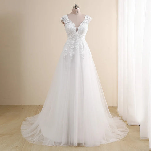 Amazing Wedding Dress Plus Size V Neck Cap Sleeve A Line Gown