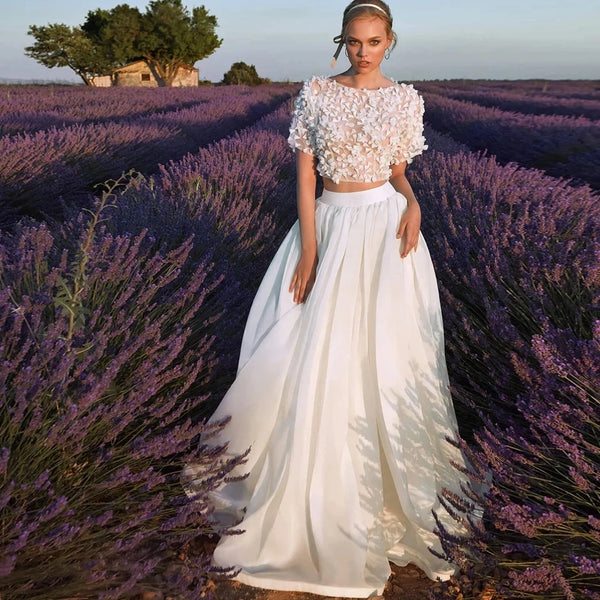 Boho Wedding Dress Lace Appliques Chiffon Short Sleeve Floor-Length Bridal Gown Customized