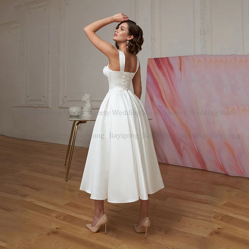 Short Wedding Dress Customized Civil Dresses Sexy Sweetheart Simple Bridal Gowns Mid-Calf Satin Backless