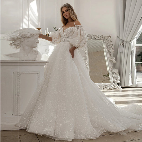 Princess Applique Lace Wedding Dresses Puff Sleeve Ball Gown