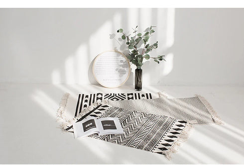 Ethnic Style Woven Linen Cotton Rectangle Rug Mat for Living Room and Bedroom Foot Pad