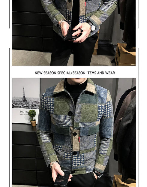 Men's Casual Lapel Hoodless Jacket - Slim Fit Plaid Woolen Coat for Autumn and Winter Fashion