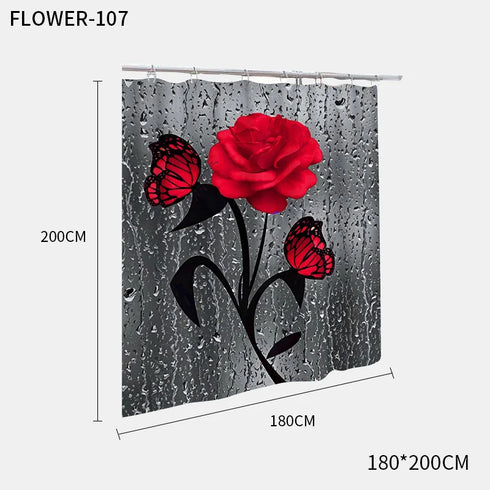Red Rose and Butterfly Bathroom Mat and Shower Curtain Set Waterproof Eco-Friendly Design