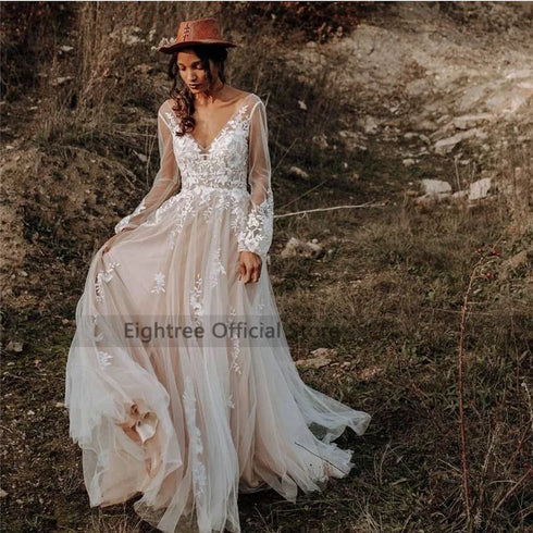 Eightree Vintage Boho Wedding Dresses Long Sleeve Lace Gowns