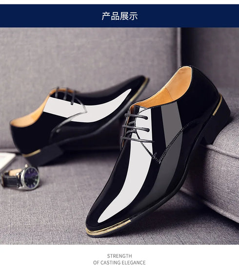 Men's Pointed Toe Patent Leather Dress Shoes - Elegant Lace-Up Styles for Weddings and Business Events