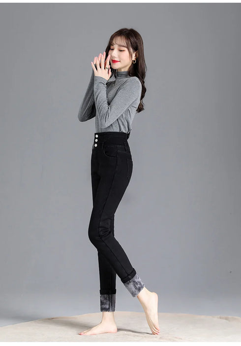 Warm High-Waist Fleece-Lined Skinny Jeans for Women - Perfect for Casual Fall Outfits and Stylish Pencil Pants Looks
