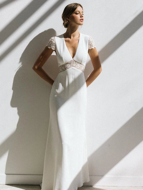 Vintage Boho Wedding Dress Short Sleeve Mermaid Backless Lace Train