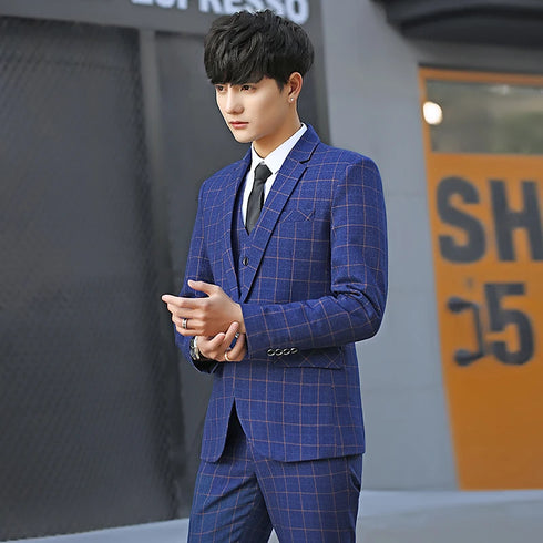 Slim Fit Plaid Wedding Suit 3pc Set for Men Formal Business Attire
