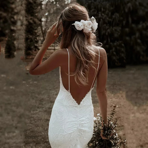 Bohemian Lace Mermaid Wedding Dress with V-Neck and Spaghetti Straps