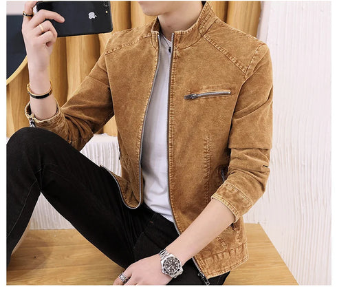 Men's Retro Motorcycle Denim Jacket with Stand Collar, Long Sleeve Zippered Casual Outerwear for Spring and Autumn Fashion