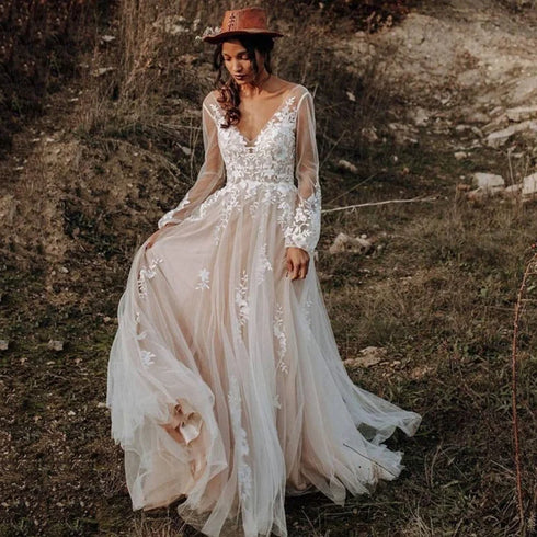 Eightree Vintage Boho Wedding Dresses Long Sleeve Lace Gowns