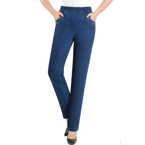 Autumn Casual Loose Fit Straight Leg Jeans for Middle-Aged Women with Pocket Embroidery - Perfect for Fall Outfits with Jeans and Everyday Style