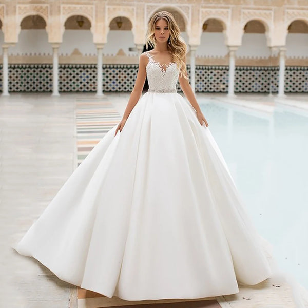 A-Line Wedding Dress With Lace Appliques Satin Bohemian Floor-Length Silhouette Customizable Bridal Gown
