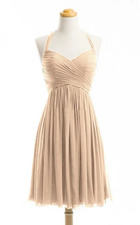 Bridesmaid Dress A Line Chiffon Knee Length Sweetheart Halter Zipper Back Dresses