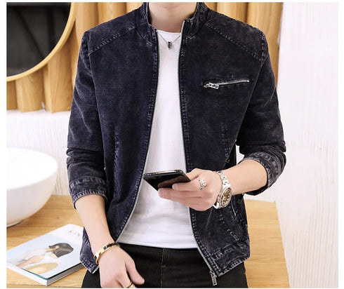 Men's Retro Motorcycle Denim Jacket with Stand Collar, Long Sleeve Zippered Casual Outerwear for Spring and Autumn Fashion