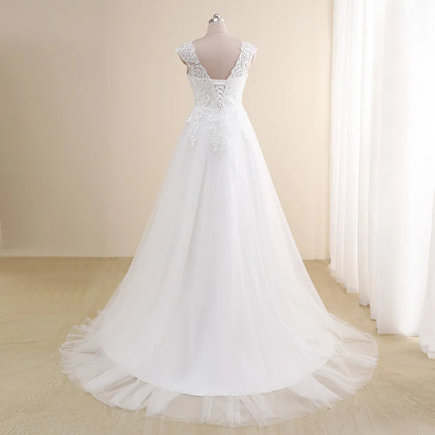 Amazing Wedding Dress Plus Size V Neck Cap Sleeve A Line Gown