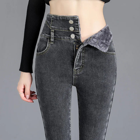 Warm High-Waist Fleece-Lined Skinny Jeans for Women - Perfect for Casual Fall Outfits and Stylish Pencil Pants Looks