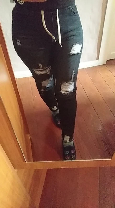 Casual Drawstring Denim Jeans for Women - Ripped Hole Stretch Skinny Pencil Pants Perfect for Fall Outfits Jeans and Homecoming Events