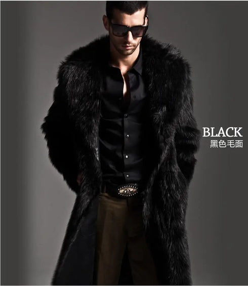 Men's Faux Fur Long Overcoat with Large Lapel for Autumn and Winter Fashion - Thick Turn-Down Collar Jacket for Daily Wear