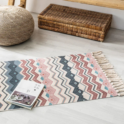 Ethnic Style Woven Linen Cotton Rectangle Rug Mat for Living Room and Bedroom Foot Pad