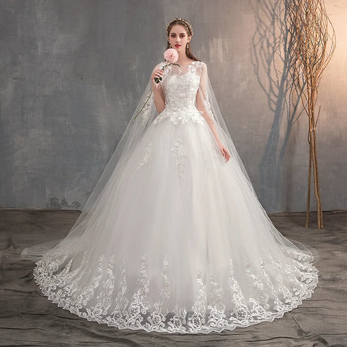 Enchanting Lace Princess Wedding Gown with Long Train and Embroidery