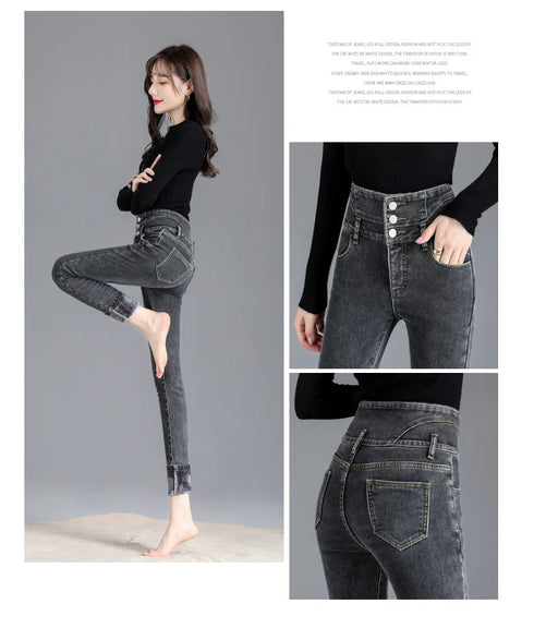 Warm High-Waist Fleece-Lined Skinny Jeans for Women - Perfect for Casual Fall Outfits and Stylish Pencil Pants Looks