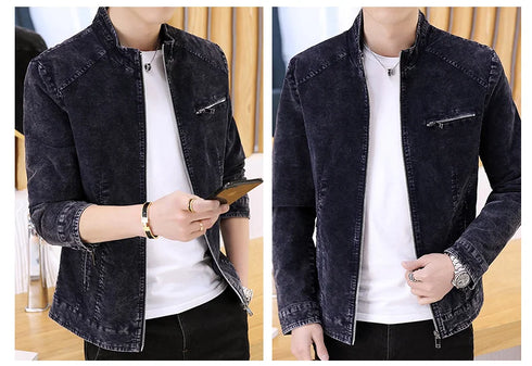 Men's Retro Motorcycle Denim Jacket with Stand Collar, Long Sleeve Zippered Casual Outerwear for Spring and Autumn Fashion