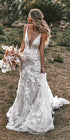 Vintage Mermaid Wedding Dress V-Neck 3D Flowers Appliques Boho Backless Bride Gown Sleeveless Train