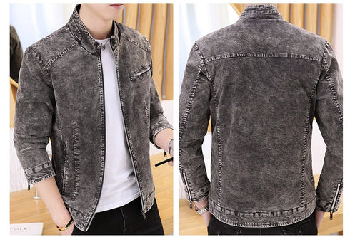 Men's Retro Motorcycle Denim Jacket with Stand Collar, Long Sleeve Zippered Casual Outerwear for Spring and Autumn Fashion