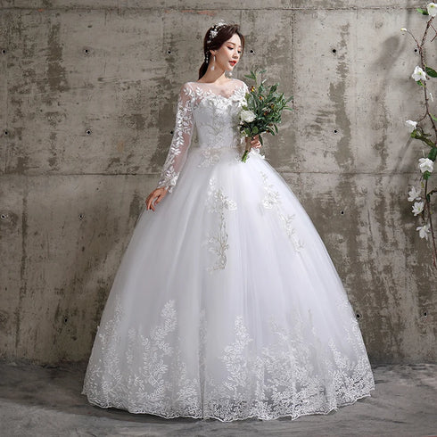 Summer Korean Light Wedding Dress Off White Bride Long Sleeve Lace Appliques
