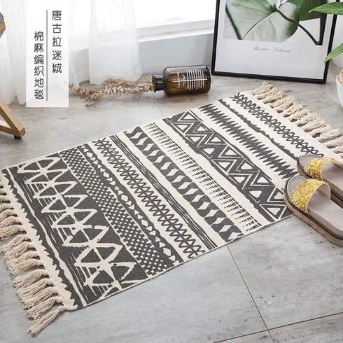 Ethnic Style Woven Linen Cotton Rectangle Rug Mat for Living Room and Bedroom Foot Pad