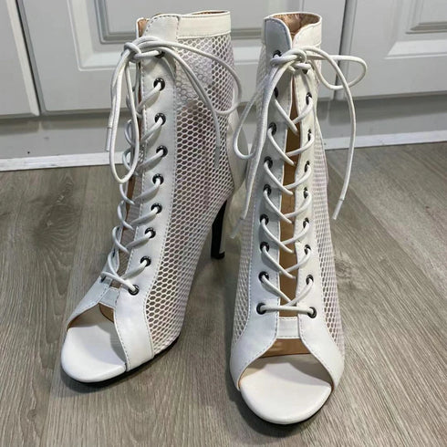 Sexy High Heels Hollow Mesh Sandals for Summer Fashion Comfort Peep Toe Stilettos Jazz Dance Female Shoes Plus Size