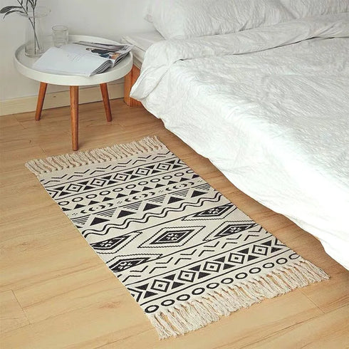 Ethnic Style Woven Linen Cotton Rectangle Rug Mat for Living Room and Bedroom Foot Pad