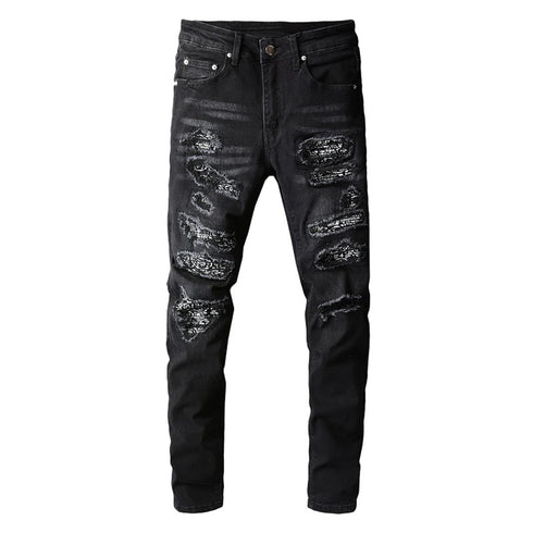 Men's Slim Fit Patchwork Stretch Denim Jeans - Ripped Streetwear Pencil Pants