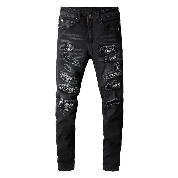 Men's Slim Fit Patchwork Stretch Denim Jeans - Ripped Streetwear Pencil Pants