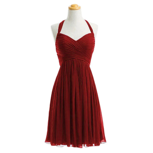 Bridesmaid Dress A Line Chiffon Knee Length Sweetheart Halter Zipper Back Dresses