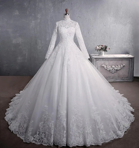 Muslim Wedding Dress Elegant High Neck Train Luxury Lace Gown